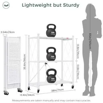 DEANIC 3 Tier Foldable Storage Shelves with Wheels, Large Capacity Shelving Unit, Freestanding Metal Wire Shelf Rack, No Assembly Organizer Rack for Garage Kitchen, Basement, Pantry(White)