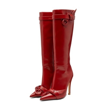 KaroNairy Women Knee High Boots - Sexy Pointy Toe Stiletto Heel Red Party Dress Boots with Zipper Cl...