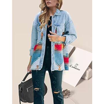 Lumister Aztec Denim Jacket Distressed Lapel Long Sleeve Vintage Button Down Denim Jacket Shacket(00...