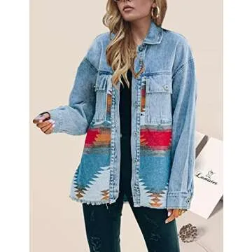 Lumister Aztec Denim Jacket Distressed Lapel Long Sleeve Vintage Button Down Denim Jacket Shacket(0007-Blue-M)