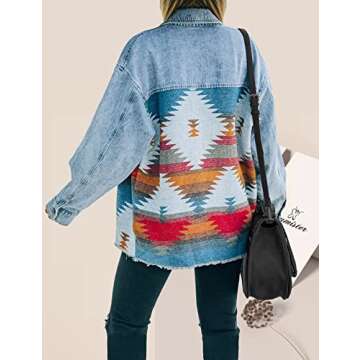 Lumister Aztec Denim Jacket Distressed Lapel Long Sleeve Vintage Button Down Denim Jacket Shacket(0007-Blue-M)