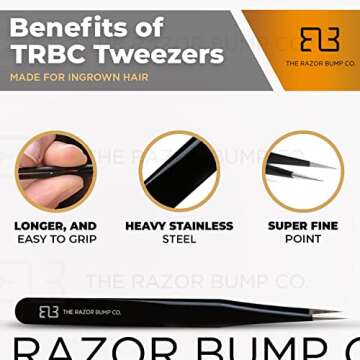 Tweezers For Ingrown Hair By The Razor Bump Co. | Sharp, Stainless Steel, Surgical | Professional Tweezers For Women and Men | Precision Splinter Remover | Best Facial Hair and Eyebrow Trimmer | Black
