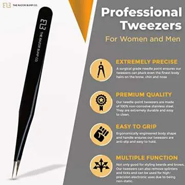 Tweezers For Ingrown Hair By The Razor Bump Co. | Sharp, Stainless Steel, Surgical | Professional Tweezers For Women and Men | Precision Splinter Remover | Best Facial Hair and Eyebrow Trimmer | Black