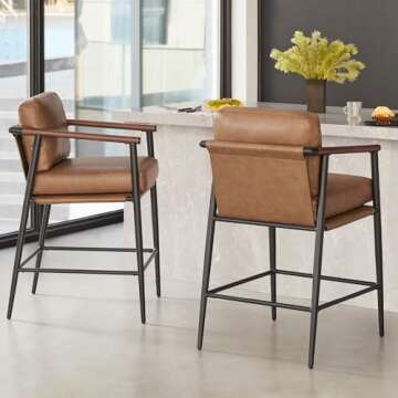 Watson & Whitely Mid Century Modern Barstools Set of 2, 26" H Upholstered Counter Height Bar Stools with Wood Armrests and Metal Legs, Faux Leather in Saddle Brown