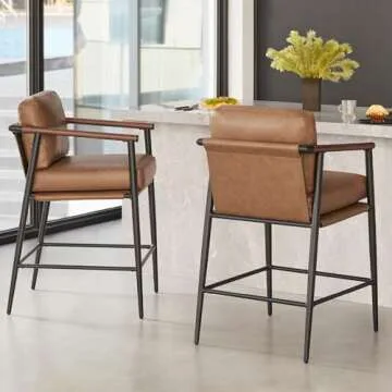 Watson & Whitely Mid Century Modern Barstools Set of 2, 26" H Upholstered Counter Height Bar Stools with Wood Armrests and Metal Legs, Faux Leather in Saddle Brown