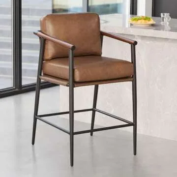 Watson & Whitely Mid Century Modern Barstools Set of 2, 26" H Upholstered Counter Height Bar Stools with Wood Armrests and Metal Legs, Faux Leather in Saddle Brown