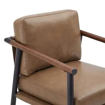 Watson & Whitely Mid Century Modern Barstools Set of 2, 26" H Upholstered Counter Height Bar Stools with Wood Armrests and Metal Legs, Faux Leather in Saddle Brown