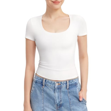 PUMIEY Short Sleeve T Shirts for Women Scoop Neck Top Basic Going Out Crop Tops Summer Slim Fit Tee ...