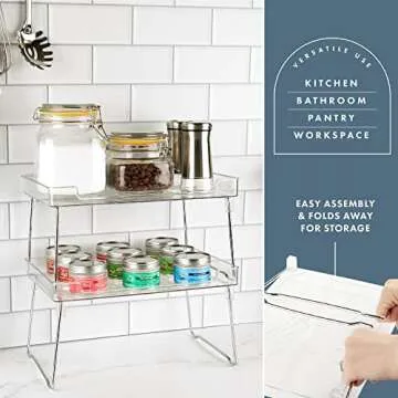 Masirs Clear Stackable Shelf, Easily Organize Your Kitchen Counter and Cabinet Shelves While Creating Extra Storage Space with This Foldable Translucent Plastic Shelf, (2-Pack)