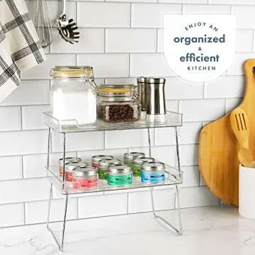 Masirs Clear Stackable Shelf, Easily Organize Your Kitchen Counter and Cabinet Shelves While Creating Extra Storage Space with This Foldable Translucent Plastic Shelf, (2-Pack)