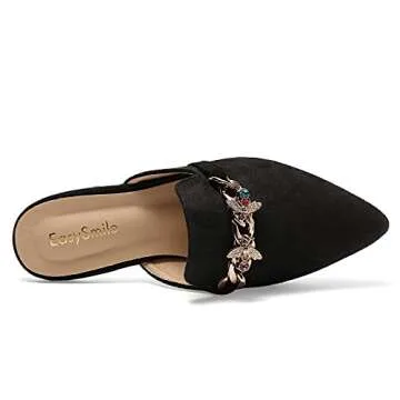 EasySmile Metal Bee Decor Flat Mules for Women Closed Pointed Toe Slip on Loafers Slides Backless Mules Shoes