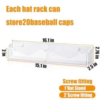 WEIMINLI Hat Racks for Baseball Caps Wall, Acrylic Baseball Hat Storage Organizer, Hat Organizer for Wall, Wall Mounted Hat Rack for Wall, Door & Closet, Clear