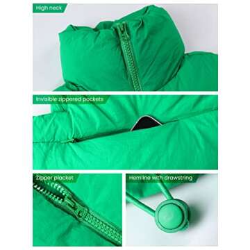 UANEO Cropped Puffer Vest Women Zip Up Stand Collar Sleeveless Padded Crop Puffy Vests (Green-L)