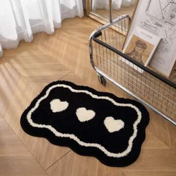 DBJOY Bathroom Modern Rugs Non-Slip Black with White Mats Funny Heart Design Washable Bath Rugs Microfiber (Single Heart, 2'x1'4")