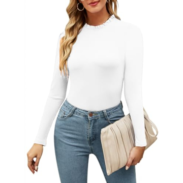 otelo Women's Winter Ruffle Mock Neck Long Sleeve Basic Tops Ribbed Slimming Bodysuit for Women