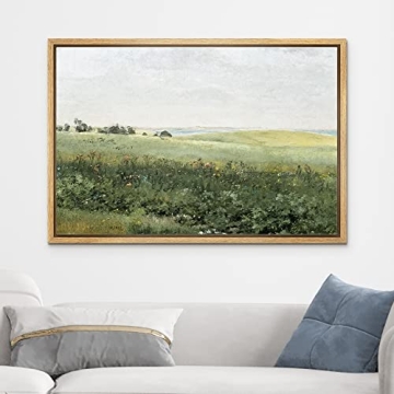 wall26 Framed Canvas Print Wall Art Green Meadow Hillside with Plants and Flowers Nature Wilderness Illustrations Modern Rustic Colorful Multicolor for Living Room, Bedroom, Office - 16x24 Natural