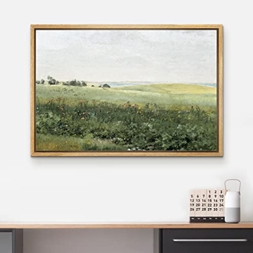 wall26 Framed Canvas Print Wall Art Green Meadow Hillside with Plants and Flowers Nature Wilderness Illustrations Modern Rustic Colorful Multicolor for Living Room, Bedroom, Office - 16x24 Natural