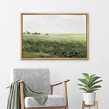 wall26 Framed Canvas Print Wall Art Green Meadow Hillside with Plants and Flowers Nature Wilderness Illustrations Modern Rustic Colorful Multicolor for Living Room, Bedroom, Office - 16x24 Natural