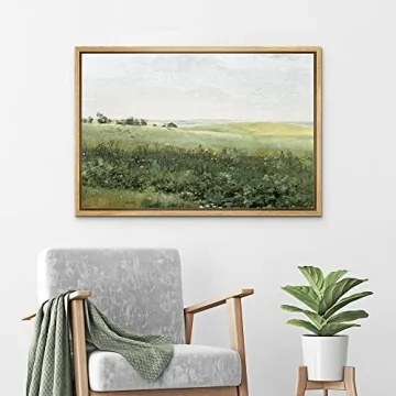 wall26 Framed Canvas Print Wall Art Green Meadow Hillside with Plants and Flowers Nature Wilderness Illustrations Modern Rustic Colorful Multicolor for Living Room, Bedroom, Office - 16x24 Natural