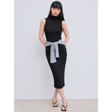 CIDER Work Dresses for Women High Neck Sleeveless Bodycon Ruched Cocktail Party Midi Dresses Black