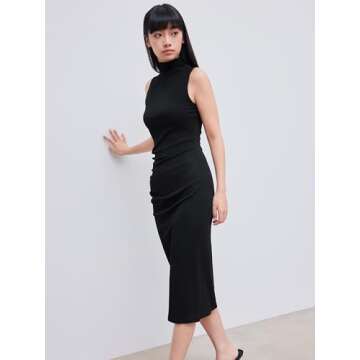 CIDER Work Dresses for Women High Neck Sleeveless Bodycon Ruched Cocktail Party Midi Dresses Black