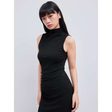 CIDER Work Dresses for Women High Neck Sleeveless Bodycon Ruched Cocktail Party Midi Dresses Black