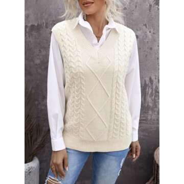 EVALESS Womens Sweater Vest V Neck Sleeveless Sweaters for Women Cable Knit Solid Color Tops Loose C...