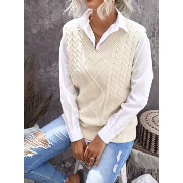 EVALESS Womens Sweater Vest V Neck Sleeveless Sweaters for Women Cable Knit Solid Color Tops Loose Casual Soft Sweater Beige Medium