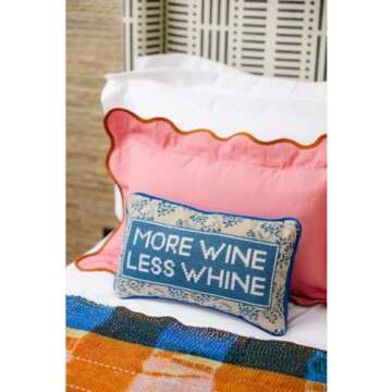 FURBISH Handmade Needlepoint Decorative Throw Pillow - More Wine - 9" x 15" - Small Embroidered Acce...