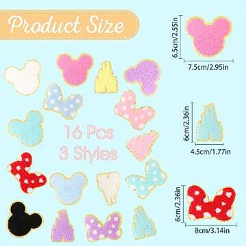 16 PCS Chenille Mouse Head Iron on Patches, CCOZN Colorful Chenille Castle Bowknot Mouse Embroidered...