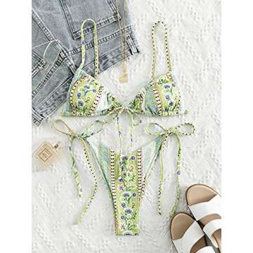 WDIRARA Women's Floral Print Tie Side Swimwear Straps Bikini Sets Swimsuits Green XS