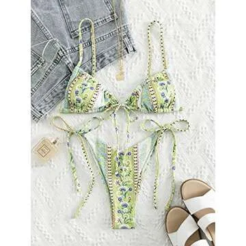 WDIRARA Women's Floral Print Tie Side Swimwear Straps Bikini Sets Swimsuits Green XS