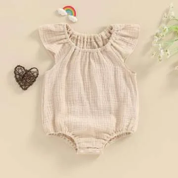 Mubineo Baby Girl Boy Summer Cotton Linen Romper Clothes Basic Plain Ruffle Sleeveless Comfy Rompers Newborn Tops (Beige, 6-12 Months)