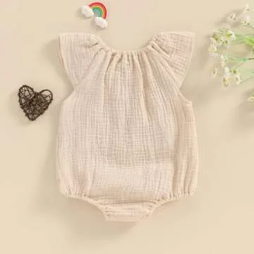 Mubineo Baby Girl Boy Summer Cotton Linen Romper Clothes Basic Plain Ruffle Sleeveless Comfy Rompers Newborn Tops (Beige, 6-12 Months)
