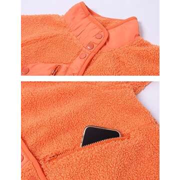 APAFES Women's Cropped Sherpa Lined Fleece Jacket Winter Warm Button Down Fuzzy Coats Shacket Outerwear with Pockets(873-Orange-M)