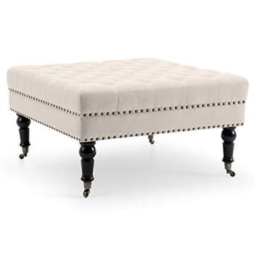 BELLEZE Modern 34 Inch Square Linen Ottoman with Caster Wheels, Contemporary Classic Footsool Bench with Button Tufted Top, Nailhead Trim, Wood Legs - Ravenna (Beige)