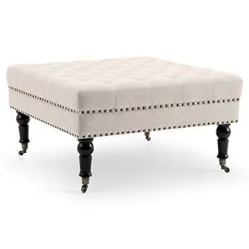 BELLEZE Modern 34 Inch Square Linen Ottoman with Caster Wheels, Contemporary Classic Footsool Bench with Button Tufted Top, Nailhead Trim, Wood Legs - Ravenna (Beige)
