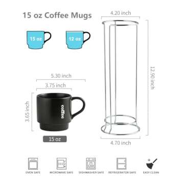 LAUCHUH Coffee Mug Set, Porcelain Stackable Coffee Mugs with Rack,15 oz Cappuccino Cup Coffee Cups f...