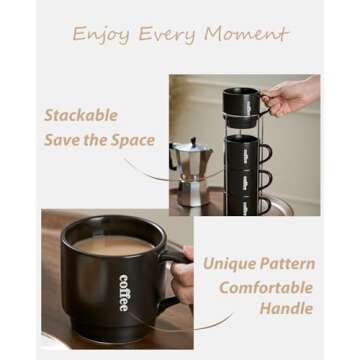 LAUCHUH Coffee Mug Set, Porcelain Stackable Coffee Mugs with Rack,15 oz Cappuccino Cup Coffee Cups for Coffee, Tea, Cocoa, Milk, Latte, Christmas, Mug Set of 4, Matte Black