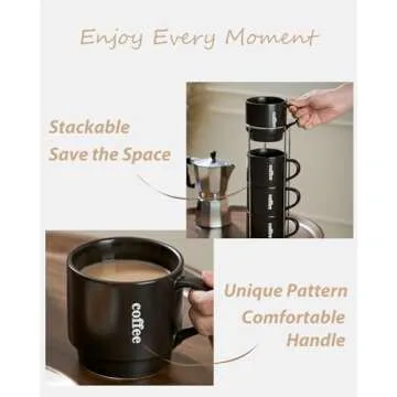 LAUCHUH Coffee Mug Set, Porcelain Stackable Coffee Mugs with Rack,15 oz Cappuccino Cup Coffee Cups for Coffee, Tea, Cocoa, Milk, Latte, Christmas, Mug Set of 4, Matte Black