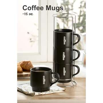 LAUCHUH Coffee Mug Set, Porcelain Stackable Coffee Mugs with Rack,15 oz Cappuccino Cup Coffee Cups for Coffee, Tea, Cocoa, Milk, Latte, Christmas, Mug Set of 4, Matte Black