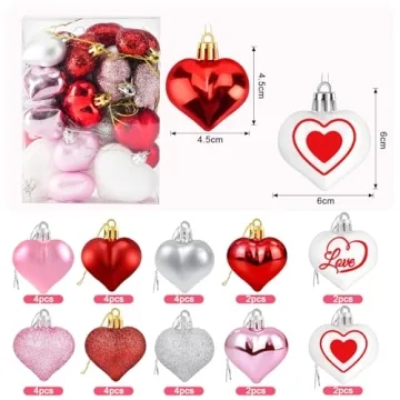 32Pcs Valentines Day Decorations Valentines Day Decor Red Pink White Silvery Heart Shaped Tree Ornam...