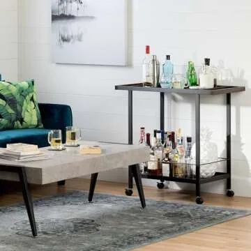 Stylish South Shore Metal Bar Cart on Wheels with Glass Shelves