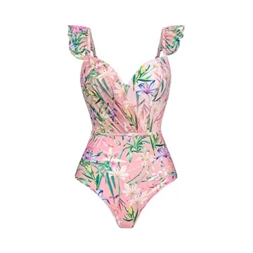 Floral One Piece Swimsuits for Women with Ruffle Long Beach Skirt V-Neck Bathing Suit Swimwear Cover ups 2 Piece Set Pink+Green Medium