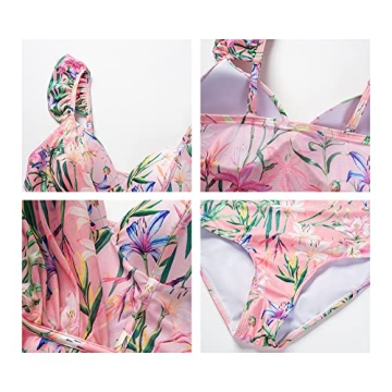 Floral One Piece Swimsuits for Women with Ruffle Long Beach Skirt V-Neck Bathing Suit Swimwear Cover ups 2 Piece Set Pink+Green Medium