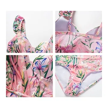Floral One Piece Swimsuits for Women with Ruffle Long Beach Skirt V-Neck Bathing Suit Swimwear Cover ups 2 Piece Set Pink+Green Medium