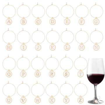 26 Pcs Wine Glass Charms Letters Glass Charm Markers Wine Charms with Rings Tags Wine Glasses Identifier Wine Glass Letters Markers for Stem Glasses Wine Champagne Party Favors Decor