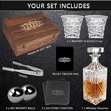 Whiskey Decanter Set for Men with Glasses & Stones