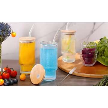 Ribbed Glass Cups Set with Bamboo Lids - 12 Oz Vintage Tumblers