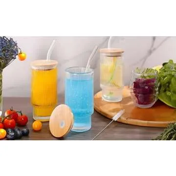 Ribbed Glass Cups Set with Bamboo Lids - 12 Oz Vintage Tumblers